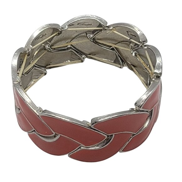 Orange Enamel & Silver-Tone Vintage Braided Stretch Bracelet Retro Jewelry - Picture 3 of 6